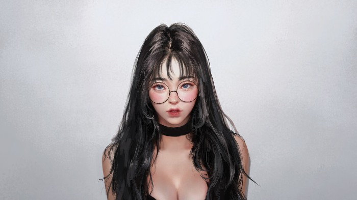 A woman with long black hair and glasses