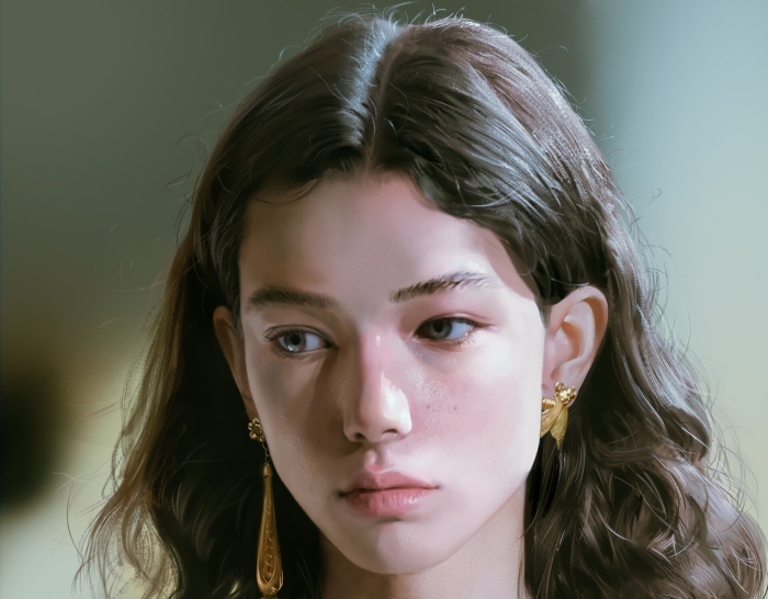 Portrait of a young woman with dark hair and earrings