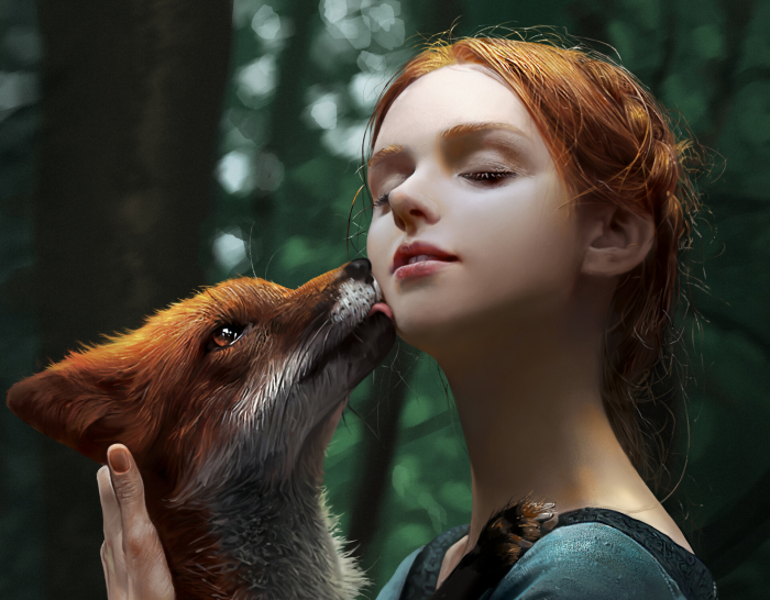 Girl with a fox in a forest