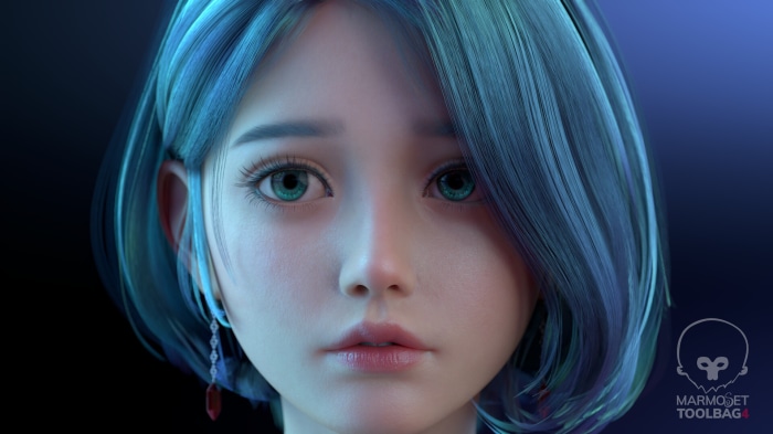 Close-up of a young woman with blue hair