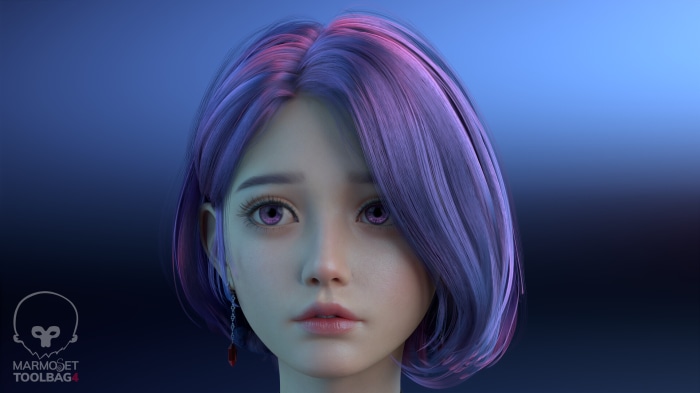 3D render of a young woman with purple hair