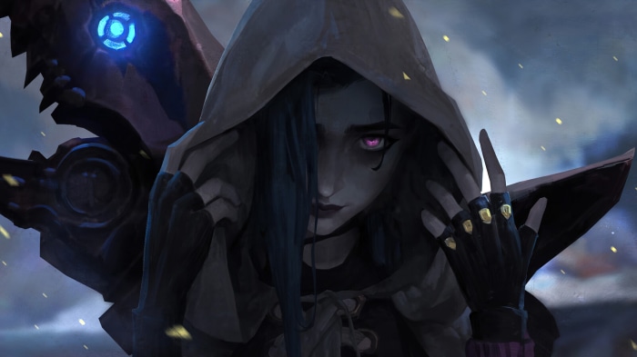 Jinx from Arcane with a mechanical arm