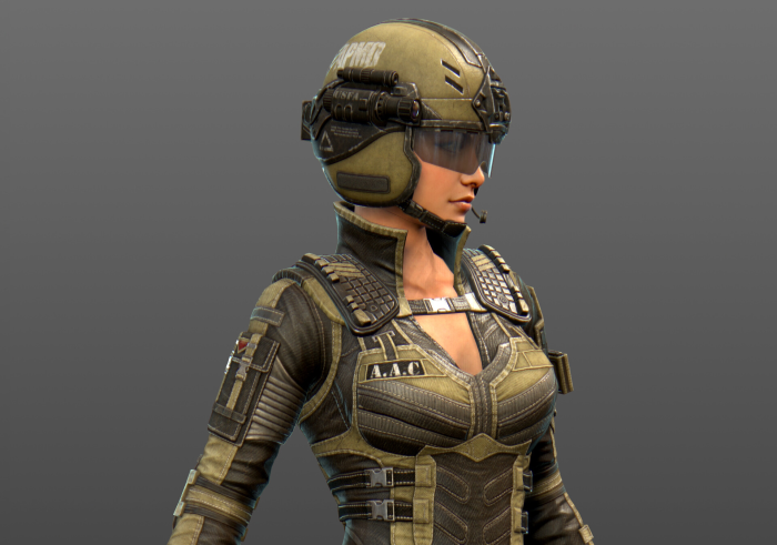 Female soldier in tactical gear and helmet