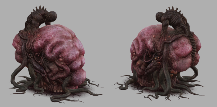 A grotesque, fleshy creature with a humanoid figure on top