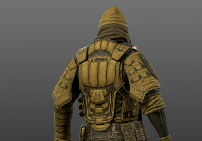 Man in tactical hooded armor from behind