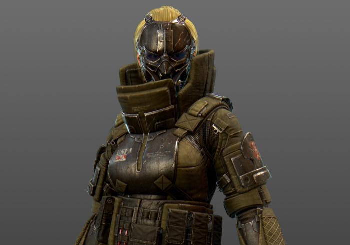 Female soldier in tactical gear and mask