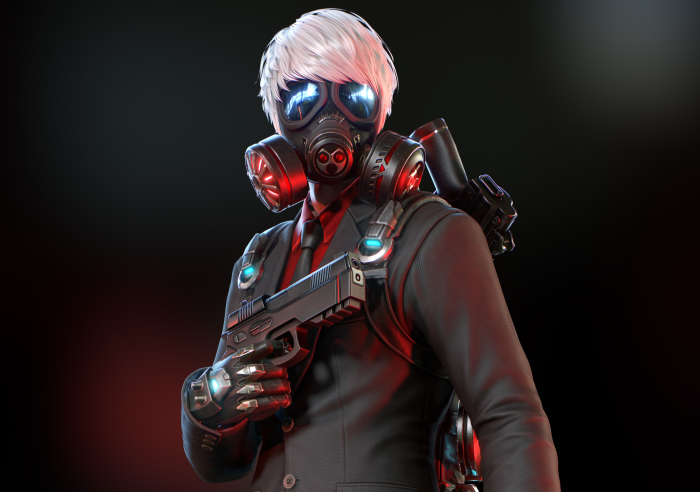Man in suit with gas mask and gun