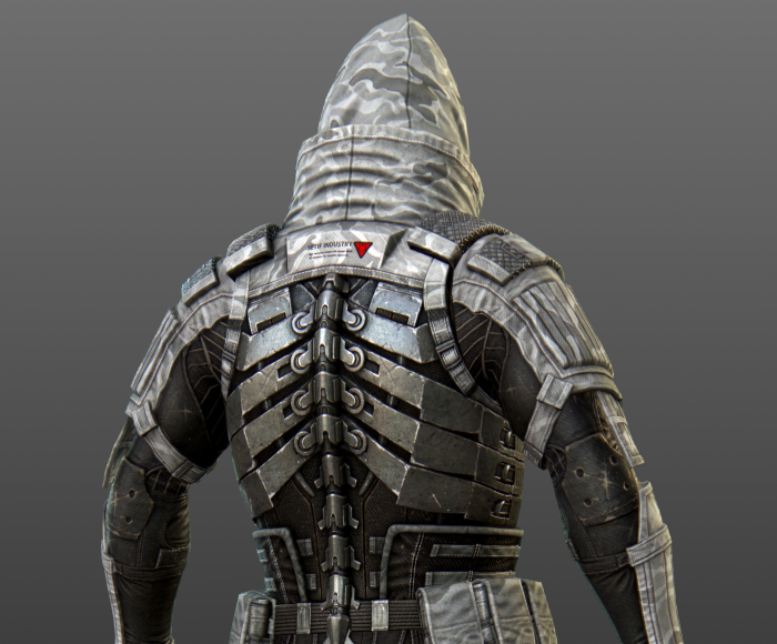 Man in futuristic armored suit with hood