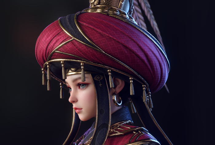 Woman in ornate turban and red outfit