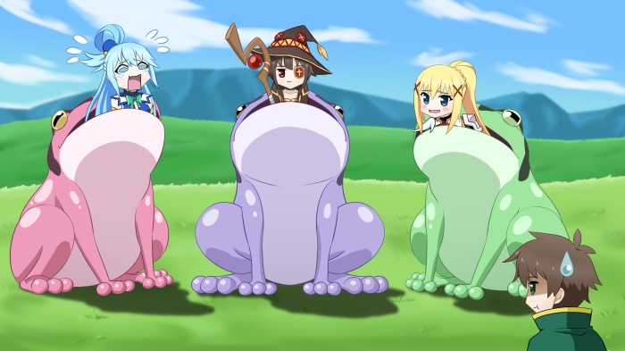 Aqua, Megumin, and Darkness from KonoSuba on frogs