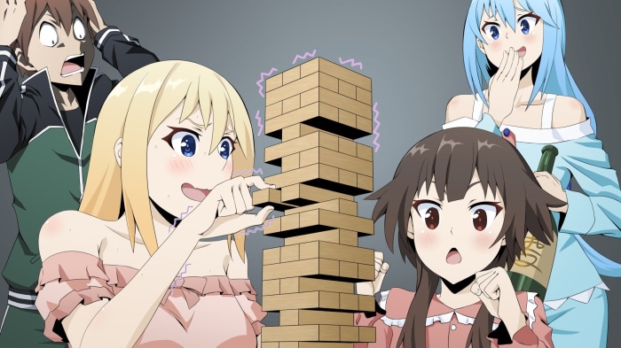 Kazuma, Darkness, Megumin, and Aqua playing Jenga