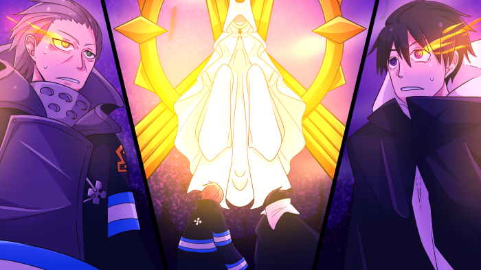 Joker and other characters from Fire Force in front of a glowing symbol