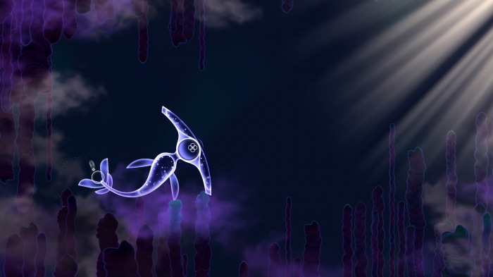 A glowing creature swims in a dark underwater cave