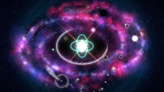 Abstract cosmic atom with orbiting rings and nebulae