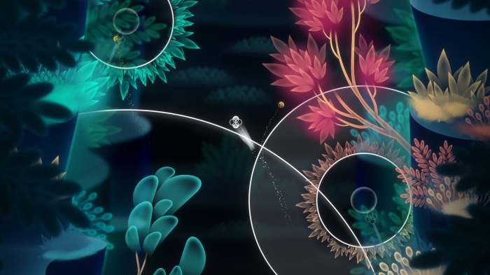 Abstract glowing plants and orbs in dark environment