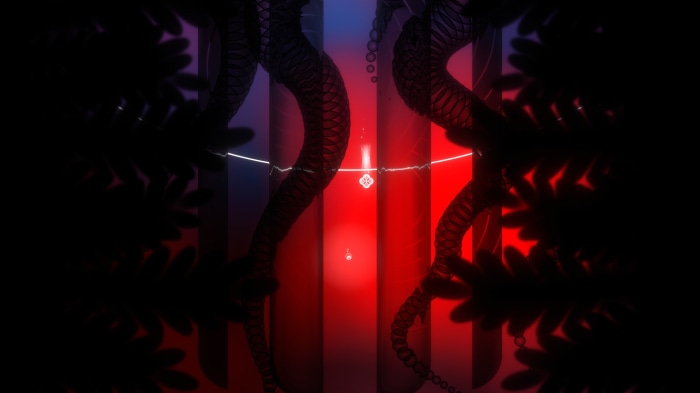 Two snake-like creatures in a red and blue abstract environment
