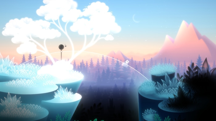 A glowing tree and crystal formations on cliffs
