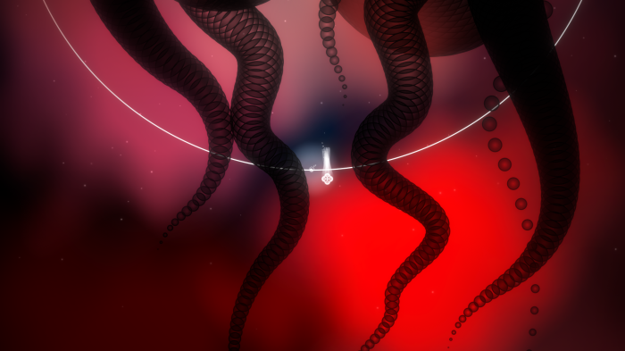 Abstract tentacles and a glowing object in a dark void