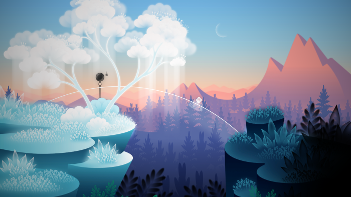 Fantasy landscape with glowing trees and mountains