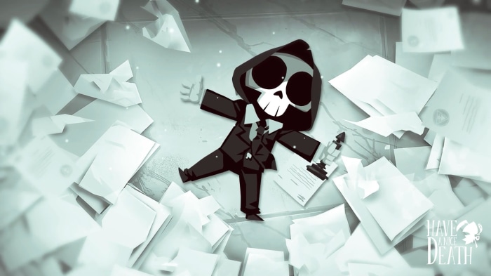 Death from Have A Nice Death lying on papers