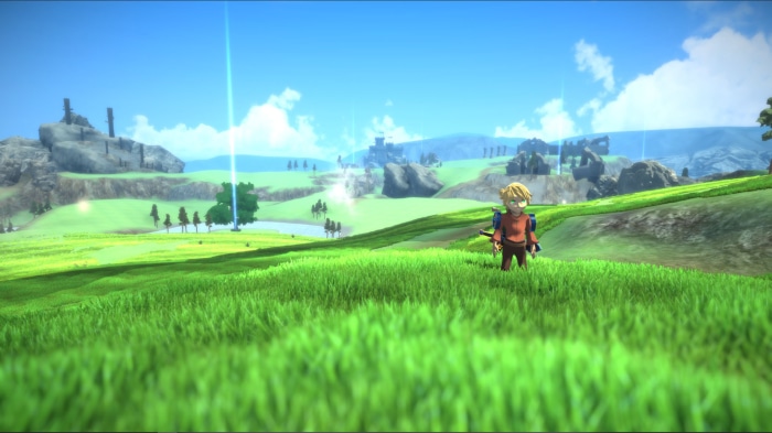 Boy in orange outfit in a grassy field with ruins