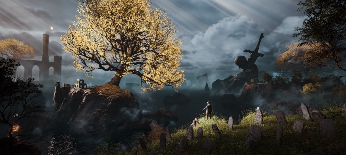 Elden Ring landscape with statue and ruins