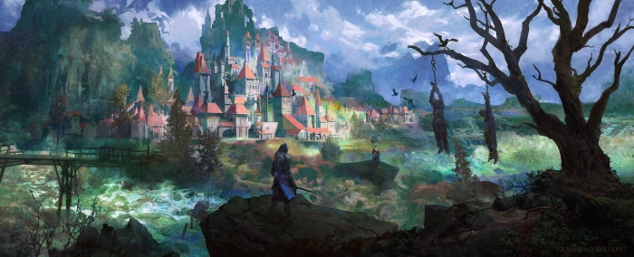 Fantasy Cityscape with Hanging Figures