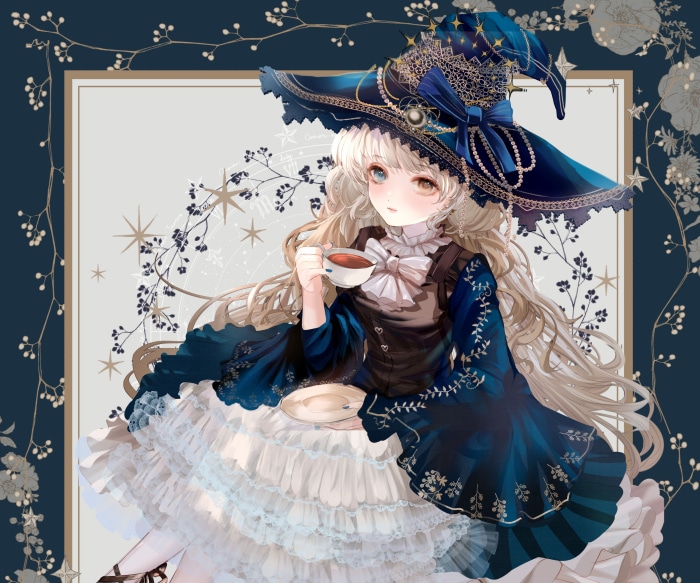 Girl with witch hat drinking tea