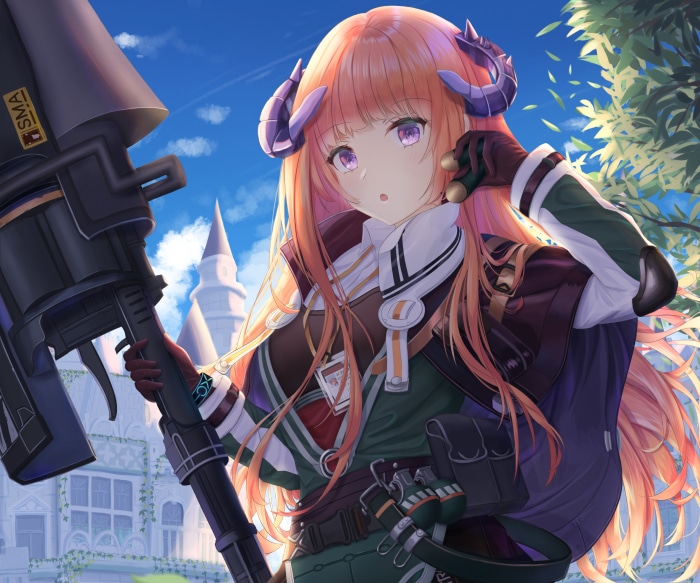 Bagpipe from Arknights holding a weapon