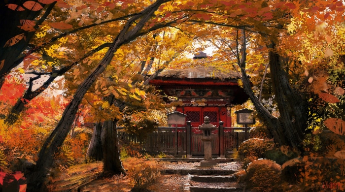 Japanese temple in autumn foliage