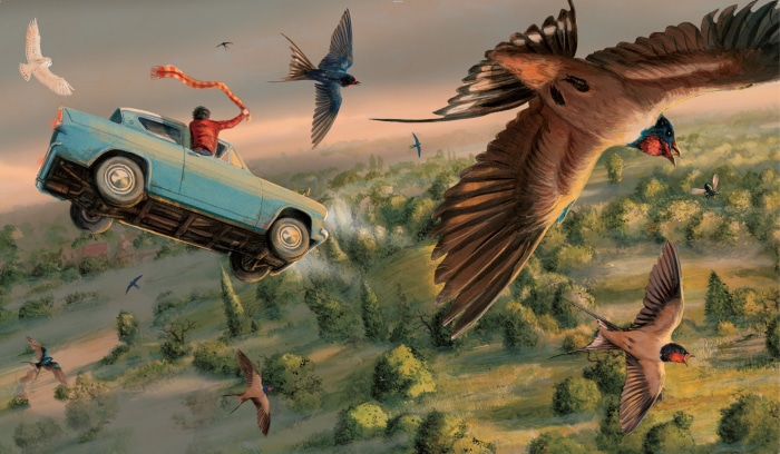 Harry Potter and Ron Weasley's Flying Ford Anglia