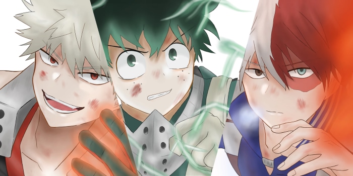Izuku Midoriya, Katsuki Bakugou, and Shoto Todoroki from My Hero Academia