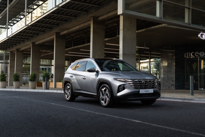 Silver Hyundai Tucson parked on a city street