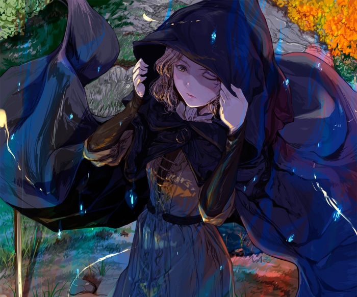 Melina from Elden Ring in a dark cloak