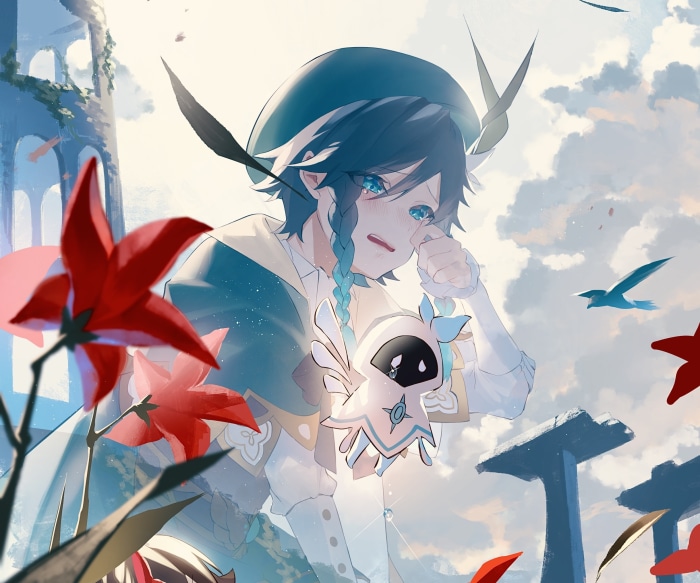 Venti from Genshin Impact crying with a small creature