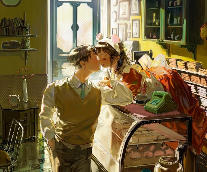 Couple kissing in a shop