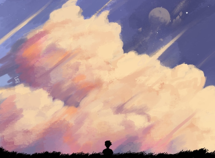 TommyInnit from Dream SMP in front of clouds