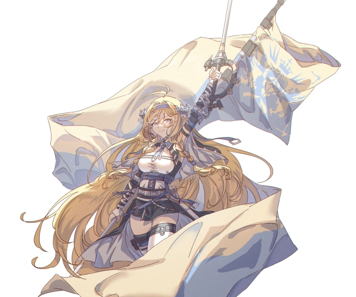 Saileach from Arknights holding a sword and flag