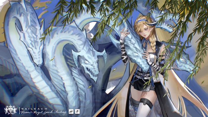 Saileach from Arknights with a white dragon