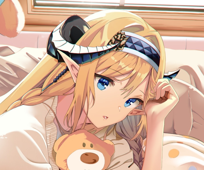 Saileach from Arknights holding a teddy bear