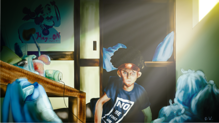 Hikikomori in a messy room with sunlight
