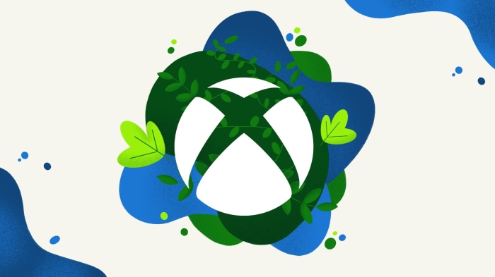 Xbox logo with green leaves and blue shapes