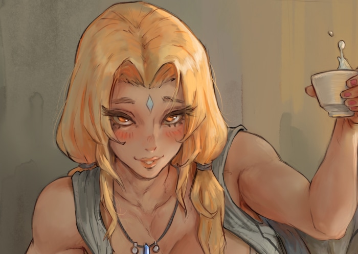 Tsunade from Naruto holding a cup