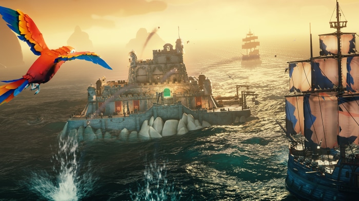 Sea of Thieves pirate fort with parrot and ships