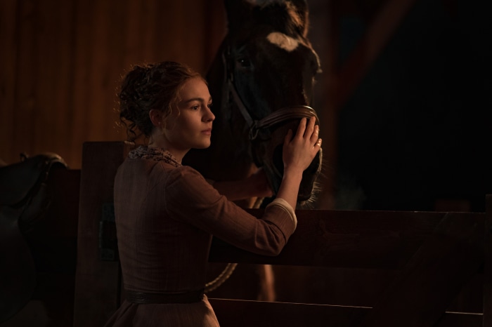 Woman petting a horse in a stable