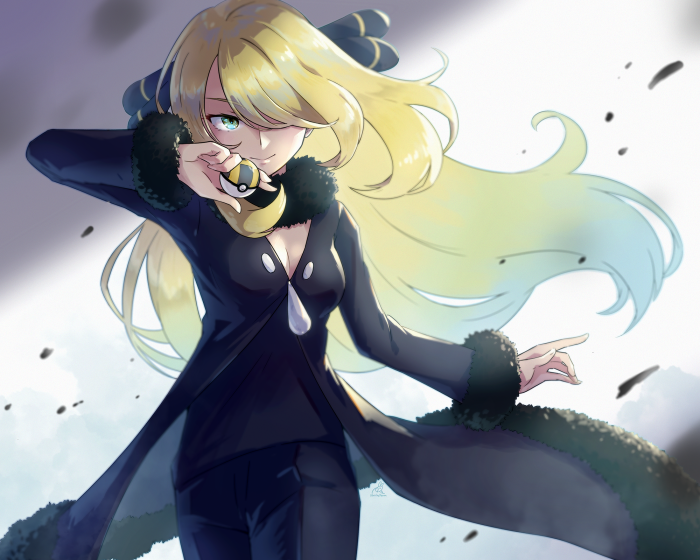 Cynthia from Pokémon holding a Poké Ball