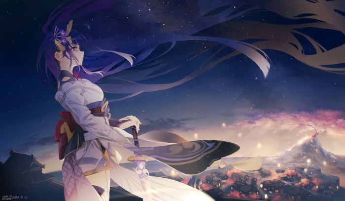 Raiden Shogun from Genshin Impact under starry sky