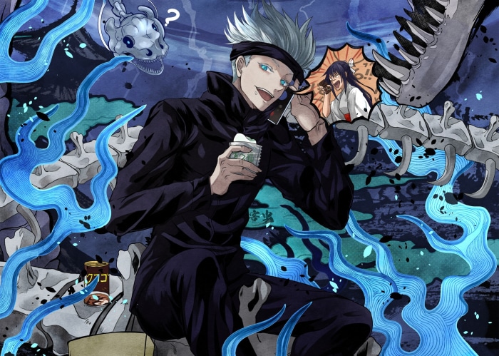 Satoru Gojo from Jujutsu Kaisen with a dragon skeleton