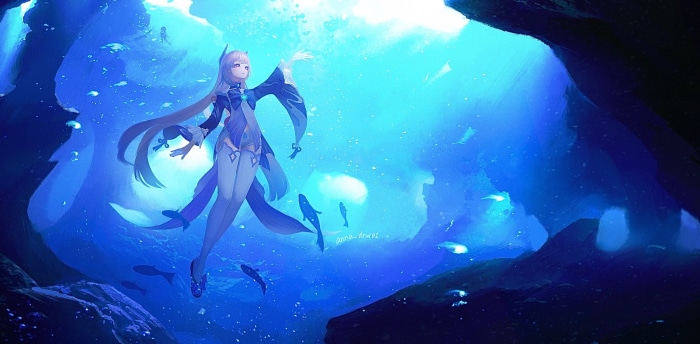 Sangonomiya Kokomi from Genshin Impact underwater
