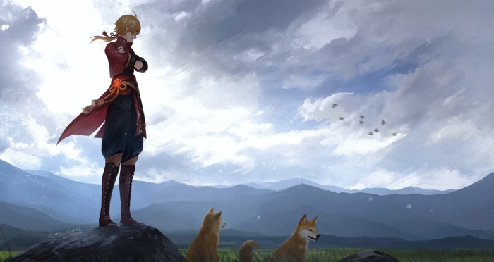 Thoma from Genshin Impact with dogs and birds
